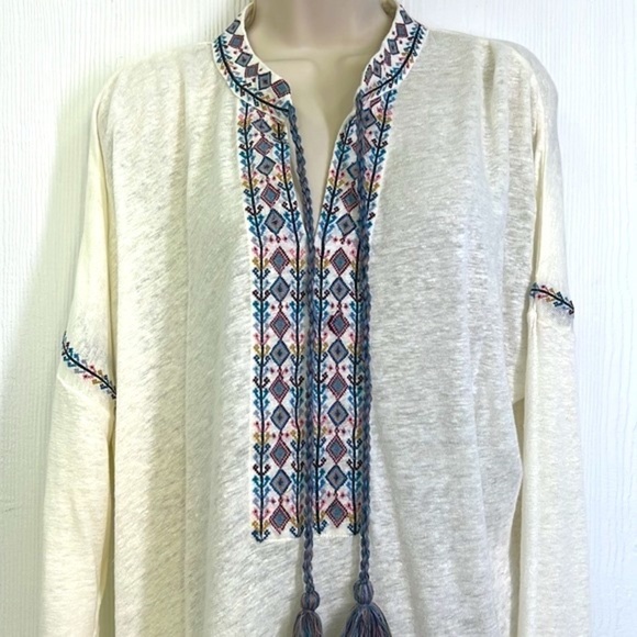 Sundance - 100 Percent Linen White Colorful Embroidered Long Sleeve Tunic SZ M - Picture 3 of 12